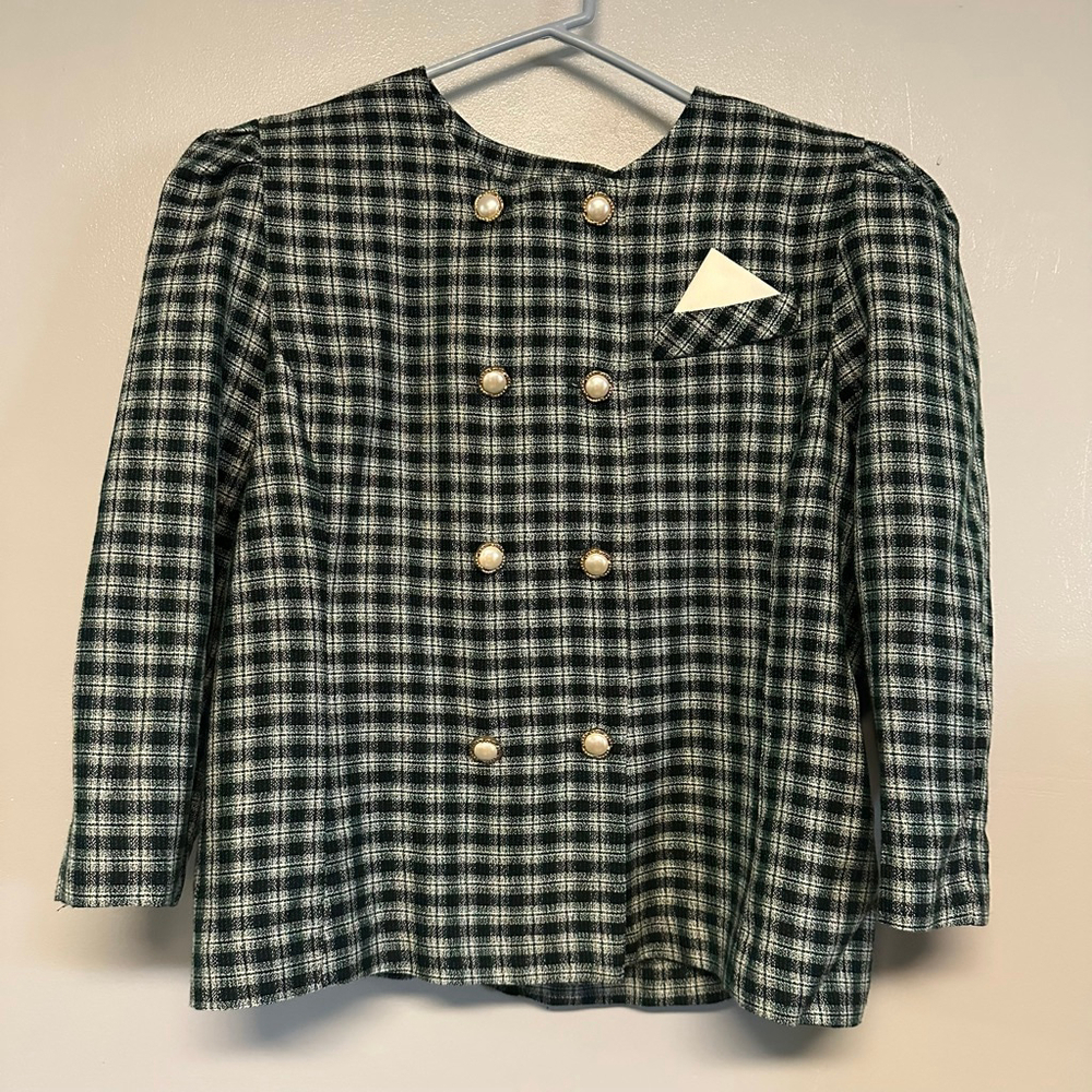 Vintage Good Times Plaid Blazer women’s size 12P Green Black, double breasted